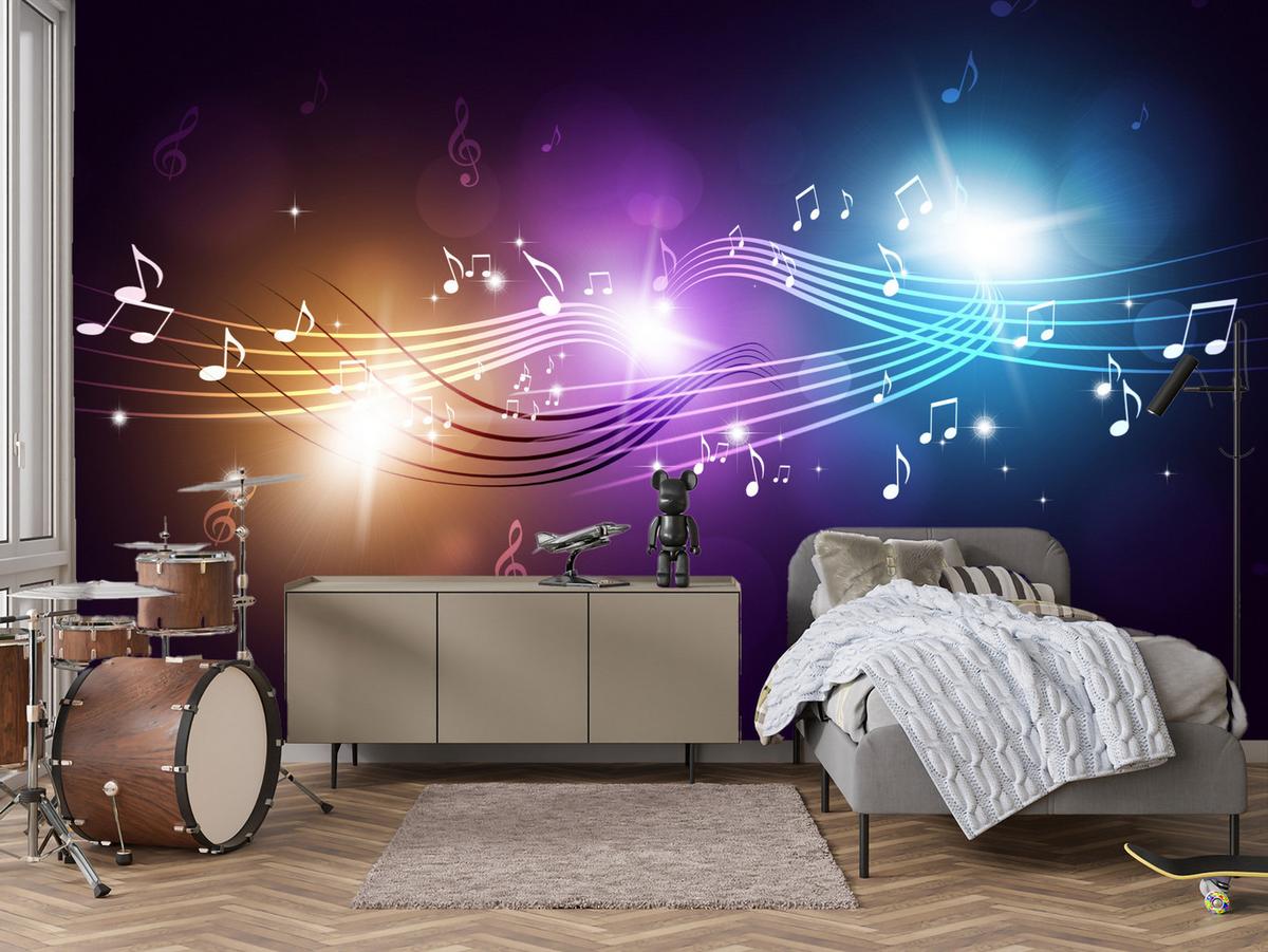 FOTOTAPETE für Jugendzimmer Noten Buntes Hintergrund Musik 450x315 - Blau/Gelb, Papier (450/315cm) - Muralo
