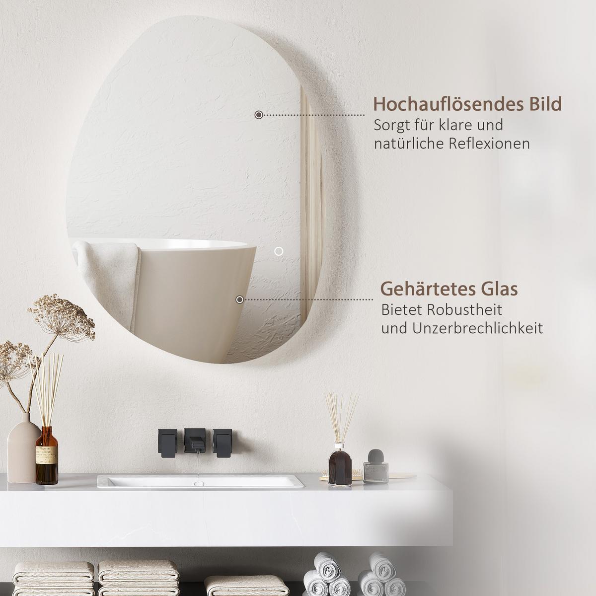 70 x 50 cm Asymmetrischer Badspiegel mit LED-Licht, Anti-Beschlag-Funktion - Silberfarben, Glas (50/5/70cm) - HOMCOM