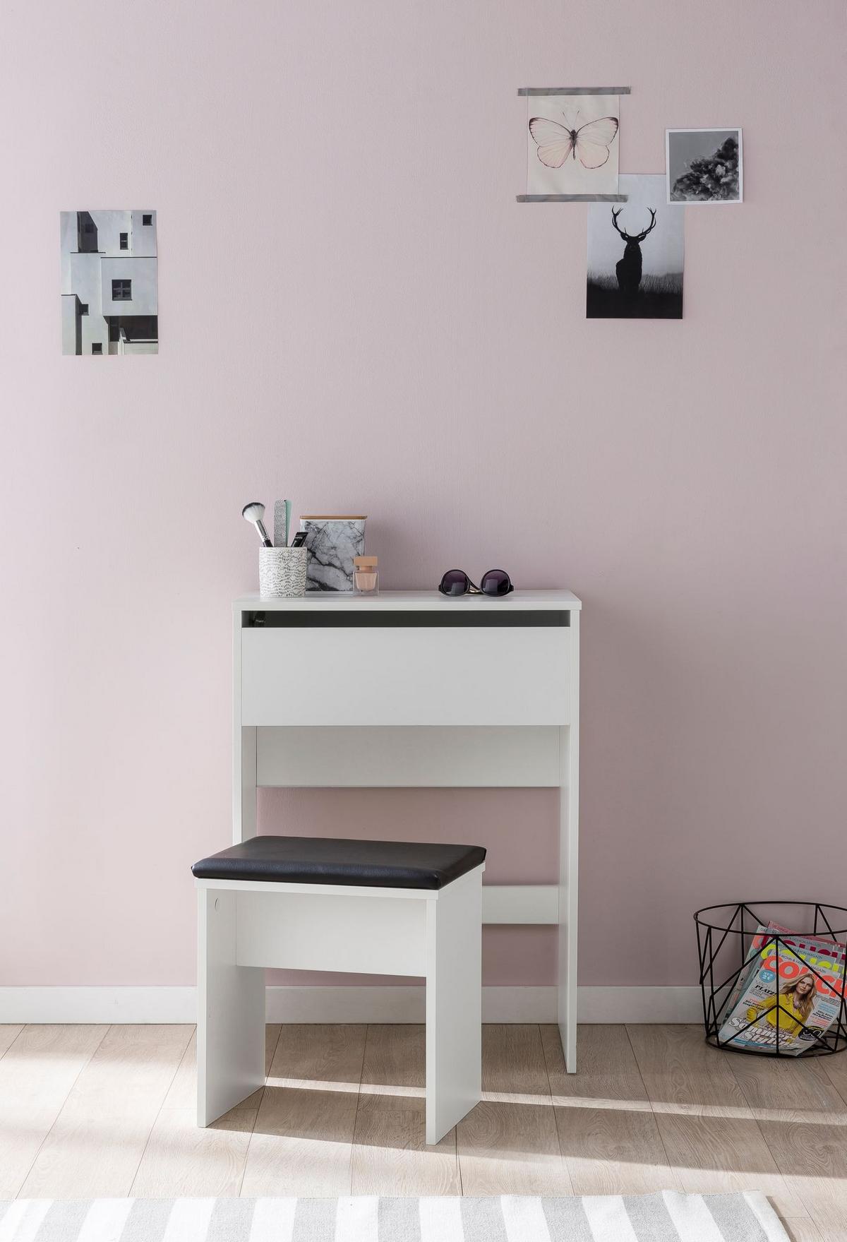 SCHMINKTISCH – Weiß, Klappspiegel & Hocker, Melaminharzbeschichtung, pflegeleicht & modern - Schwarz/Weiß, Holz/Textil (60/81/40cm) - KADIMA DESIGN