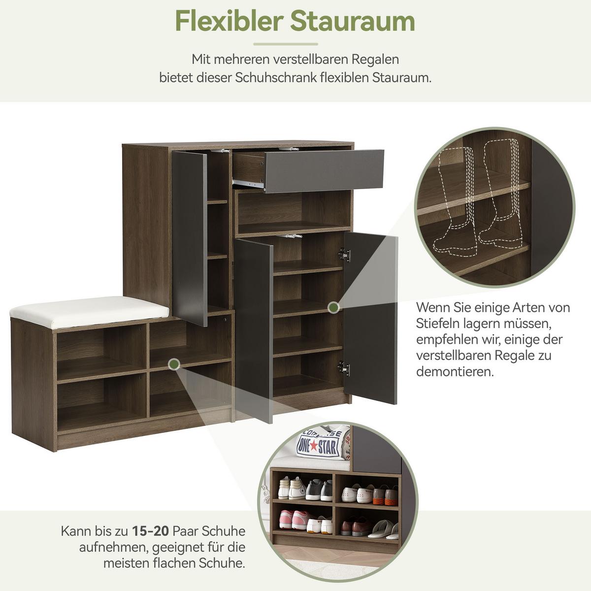 SCHUHSCHRANK in Grau mit Sitzkissen & grifflosen Türen - Grau, Holzwerkstoff (140/110/35cm) - Urban Meuble