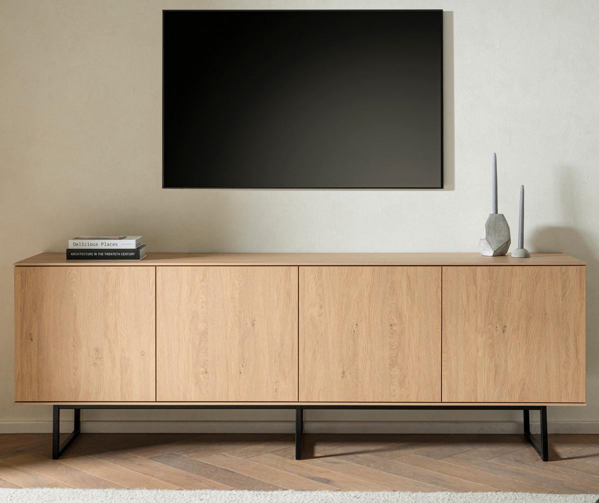 TV-LOWBOARD Eiche 200 x 70 cm, Flat-TV Unterschrank mit Komforthöhe, Push-To-Open-Funktion - Eichefarben/Schwarz, Holzwerkstoff/Metall (200/70/40cm) - Furn.Design