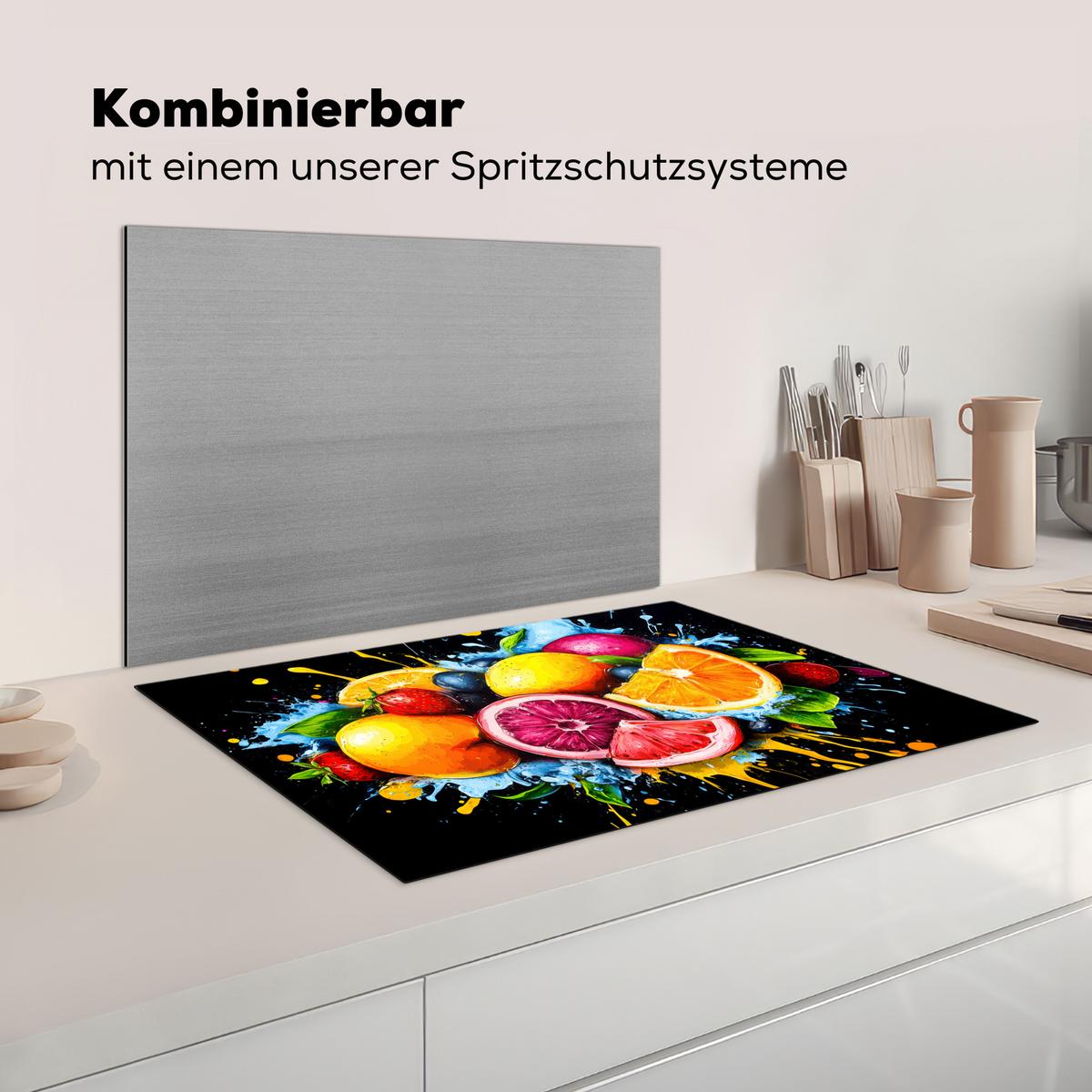 HERDABDECKPLATTE Obst - Graffiti - Bunt - Orange - Erdbeere - Abstrakt Ceranfeldabdeckung 78x52 cm - Orange, Kunststoff (78/52/0.2cm) - MuchoWow