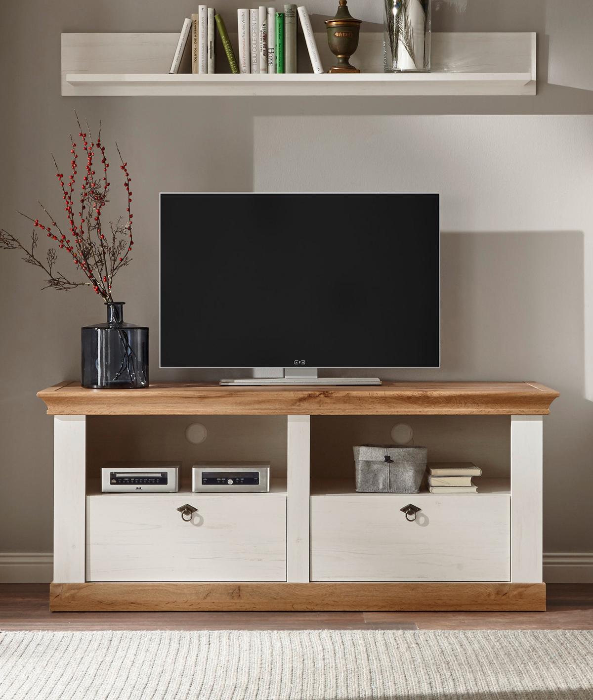 TV-LOWBOARD weiß Pinie, Eiche 150 cm, Landhaus TV Unterschrank mit Komforthöhe - Silberfarben/Eiche Wotan, Holzwerkstoff/Metall (152/64/52cm) - Furn.Design