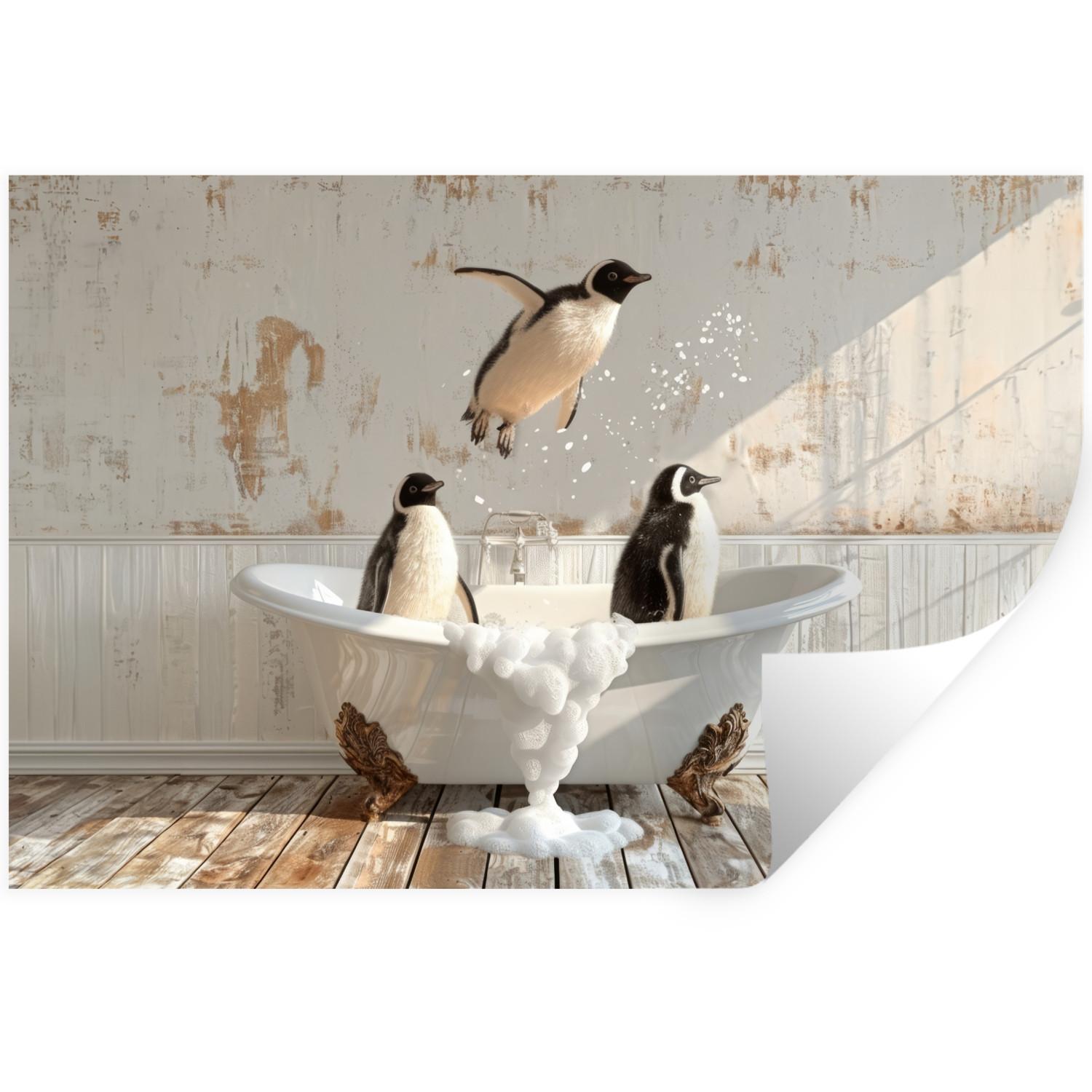 WANDTATTOO Vintage - Pinguin - Badewanne - Schaumstoff Wandsticker 120x80 cm - Schwarz, Kunststoff (120/80/0.1cm) - MuchoWow