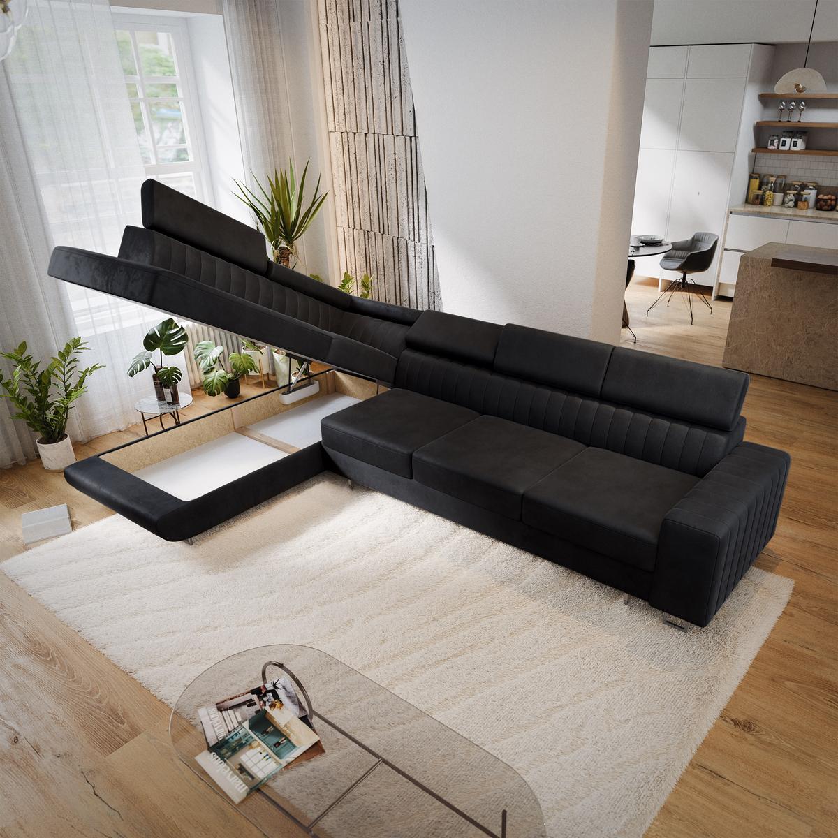 ECKSOFA HESTION Schwarz Velours-Stoff mit Schlaffunktion - Schwarz, Holz (332/190cm) - MASSENO