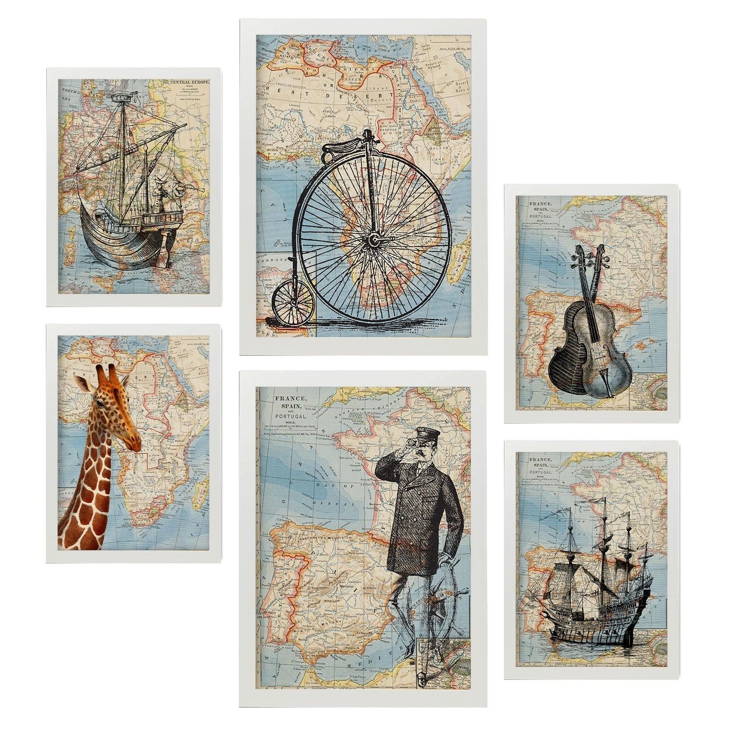 POSTER Set Mit 6 Vintage Karten Topografische Karten Im Retro Stil Von Europa, Afrika Und Spanien In Dezenten Farben A3 & A4 Weißer Rahmen - Weiß, Papier (29/3cm) - Nacnic