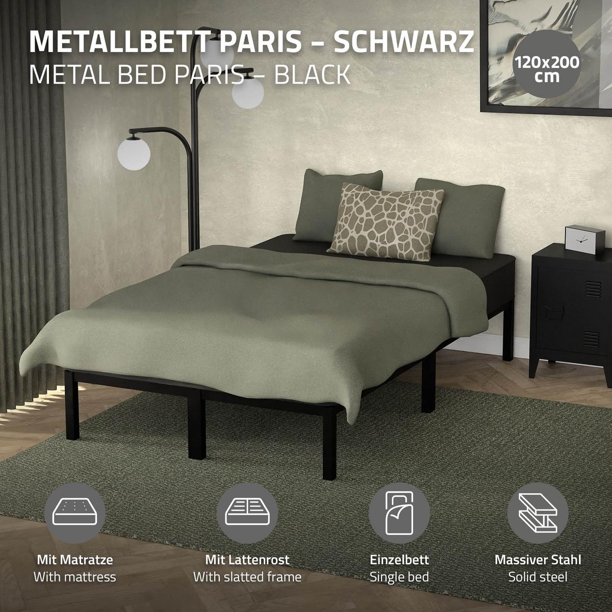 METALLBETT 120x200 cm Schwarz mit Matratze - Schwarz, Metall (120/200cm) - ML-DESIGN