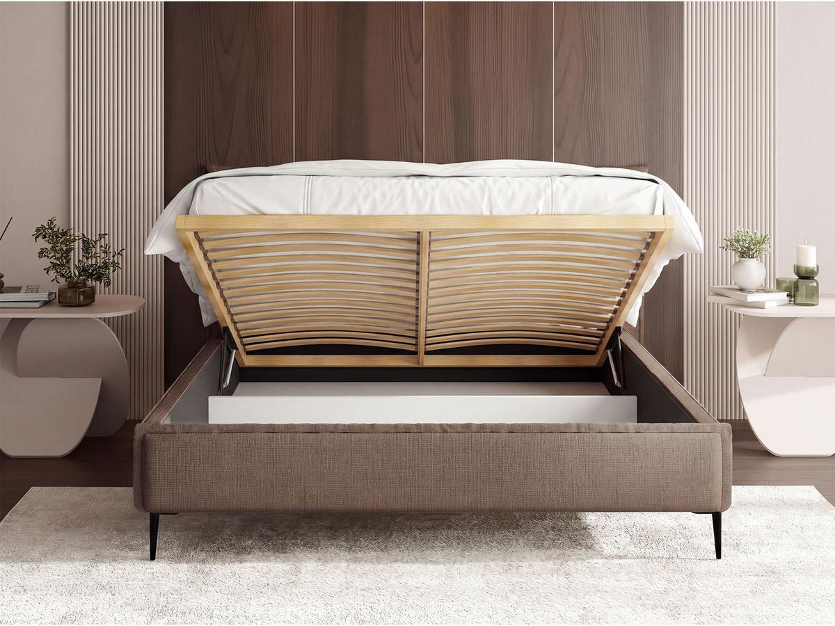 POLSTERBETT Pillow Rise mit Bettkasten, Lattenrost & hohen Metallfüßen in Braun Chenille 200x200 cm - Birkefarben/Schwarz, Holz/Holzwerkstoff (200/200cm) - WFL GROUP