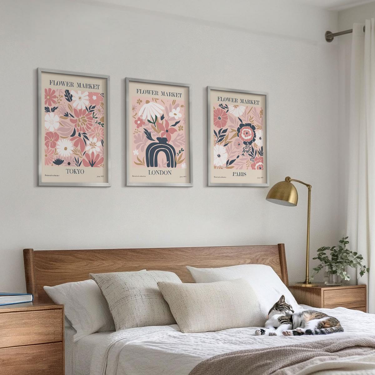 BILDER SET 3er Set - 40x60 cm Silberner Rahmen - Blumenmotive Tokio London Paris - Silberfarben, Kunststoff (40/60cm) - TULUP
