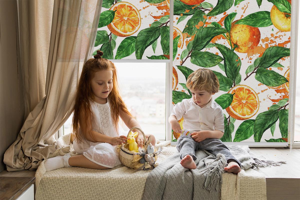 INNENROLLO - Fensterrollo - Rollo - 150x140 cm - Orangen und Blätter - Orange, Kunststoff (150/140/0.5cm) - TULUP