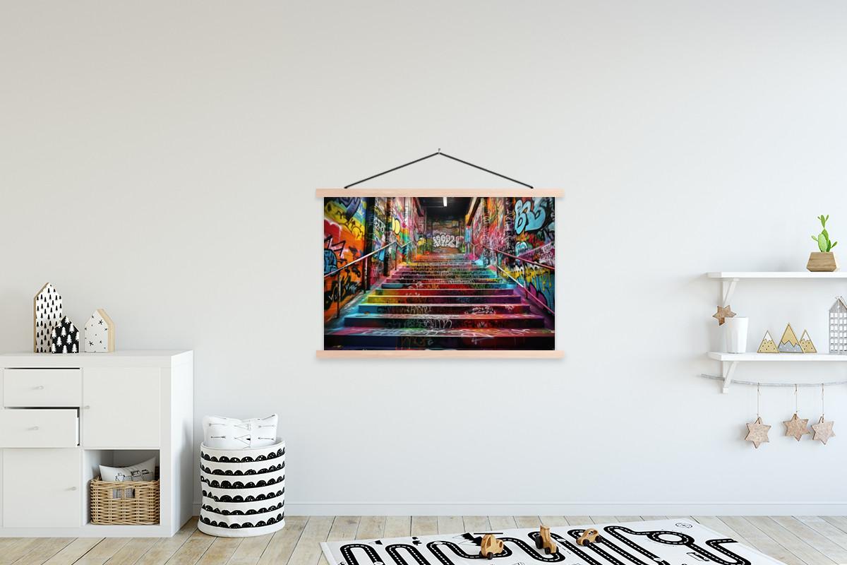 POSTER MIT MAGNETLEISTEN Treppe - Graffiti - Farben - Kunst Magnetleiste 120x80 cm - Multicolor, Textil (120/80/0.15cm) - MuchoWow