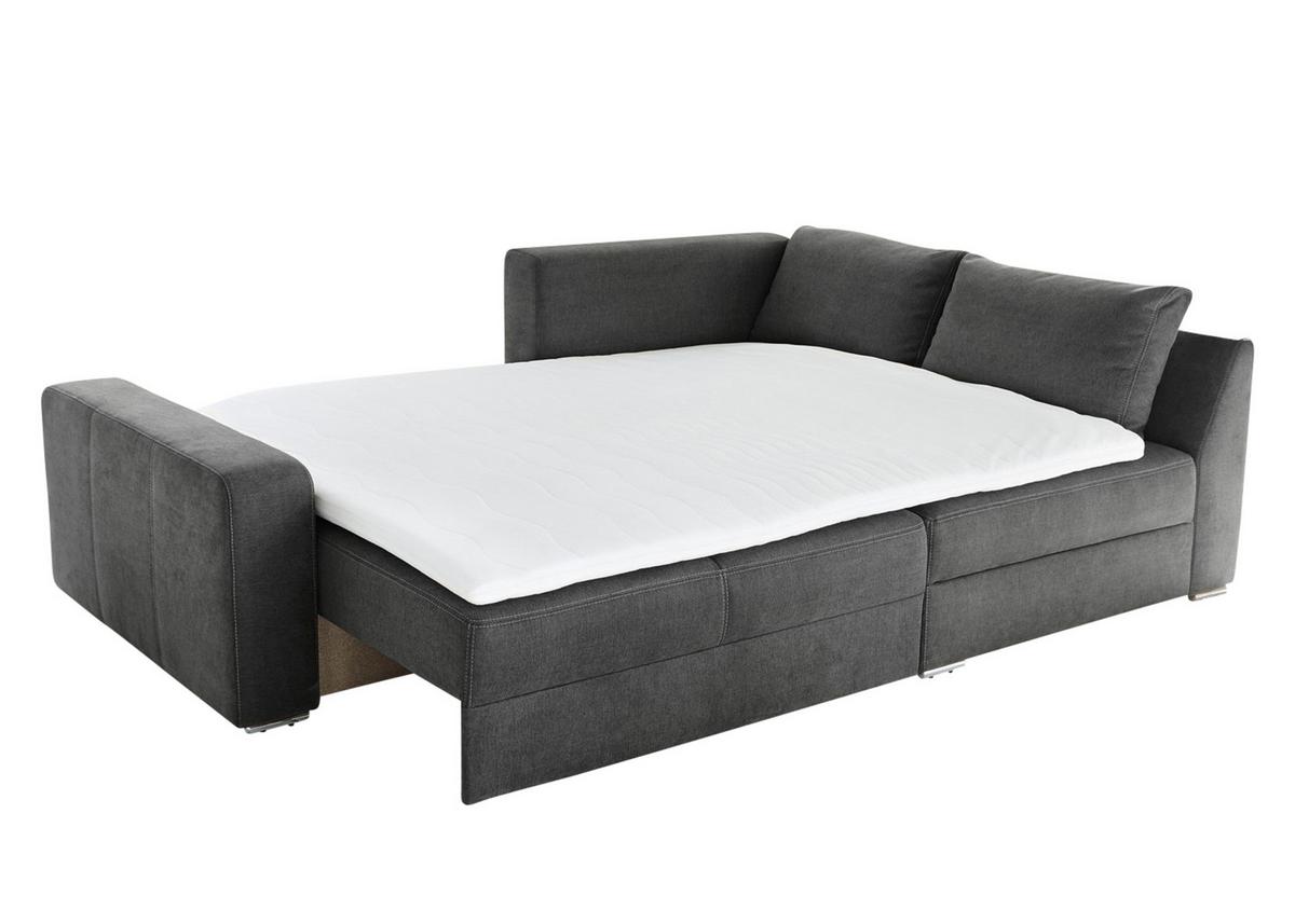 ECKSOFA-DAUERSCHLÄFER Boxspring Federkern Topper Bettkasten, seitenverkehrt montierbar B260/T181/H88 cm, Mikrofaser in Dunkelgrau / 15107 - Chromfarben/Dunkelgrau, Textil/Metall (260/181cm) - luma-home