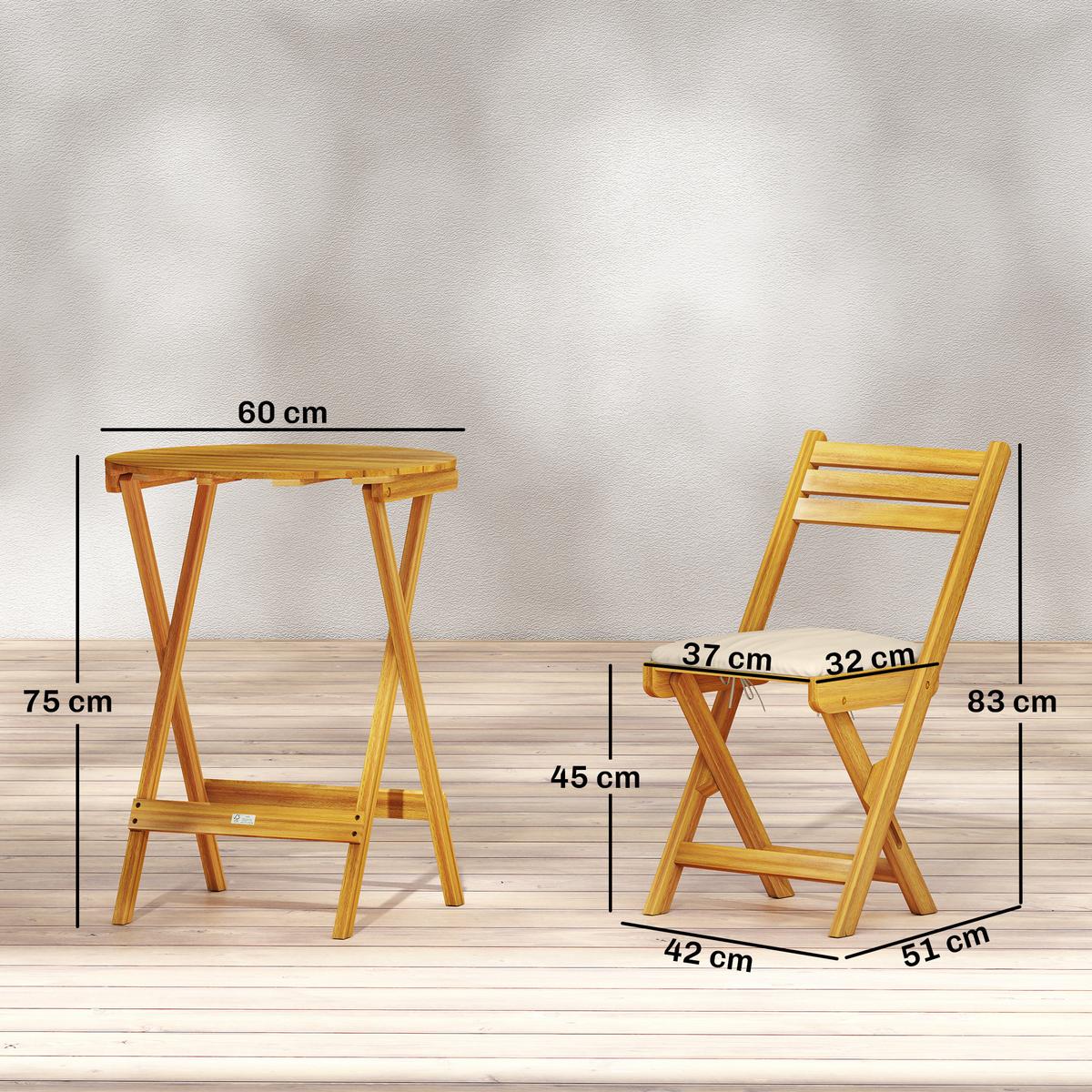 BALKONMÖBEL-SET 3er Set Akazienholz Polyester Naturholz - Beige/Naturfarben, Holz/Textil - Outsunny