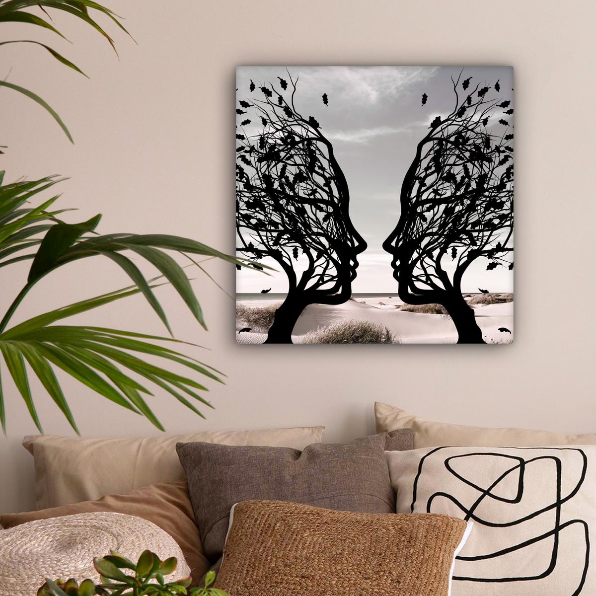 LEINWANDBILD Strand - Meer - Menschen - Baum - Moderne Kunst Wandbild Wohnzimmer 50x50 cm - Hellgrau, Textil (50/50cm) - MuchoWow