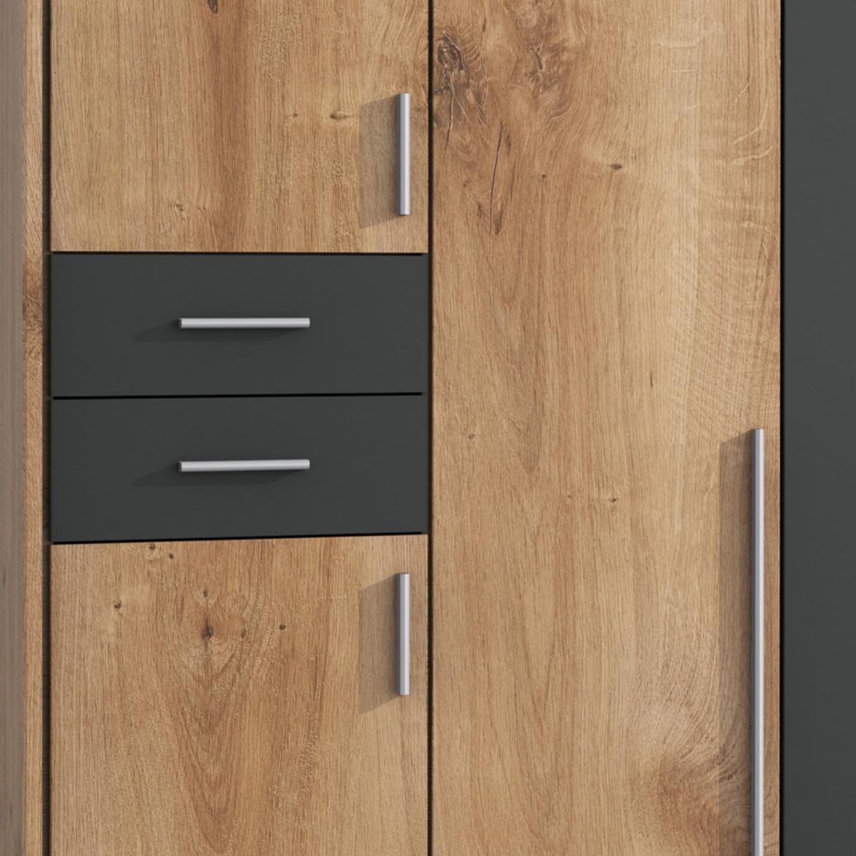 DREHTÜRENSCHRANK B273/H210/T58 cm, Eiche Dekor mit Absetzungen in Grafit, Kleiderschrank mit Passepartout & 2 Spiegeltüren & Schubkästen / 22576 - Eichefarben/Silberfarben, Holzwerkstoff/Kunststoff (273/210/58cm) - luma-home