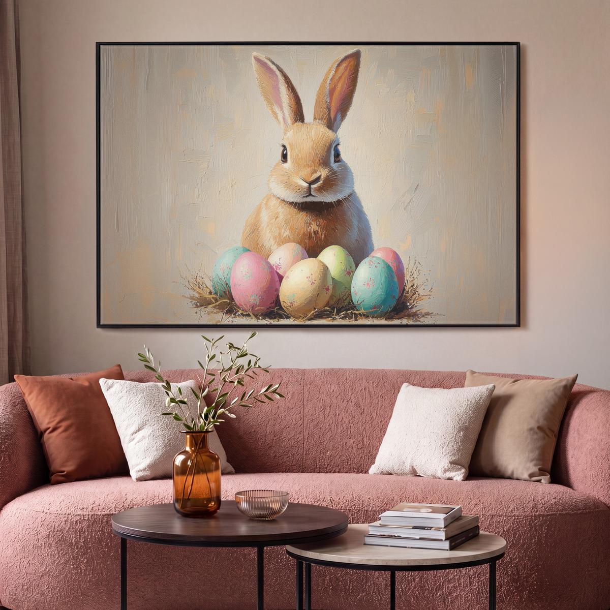 LEINWAND Bilder mit Rahmen - Osterhase - Pastell - Eier - 150x100 - Beige, Textil (150/100cm) - MuchoWow