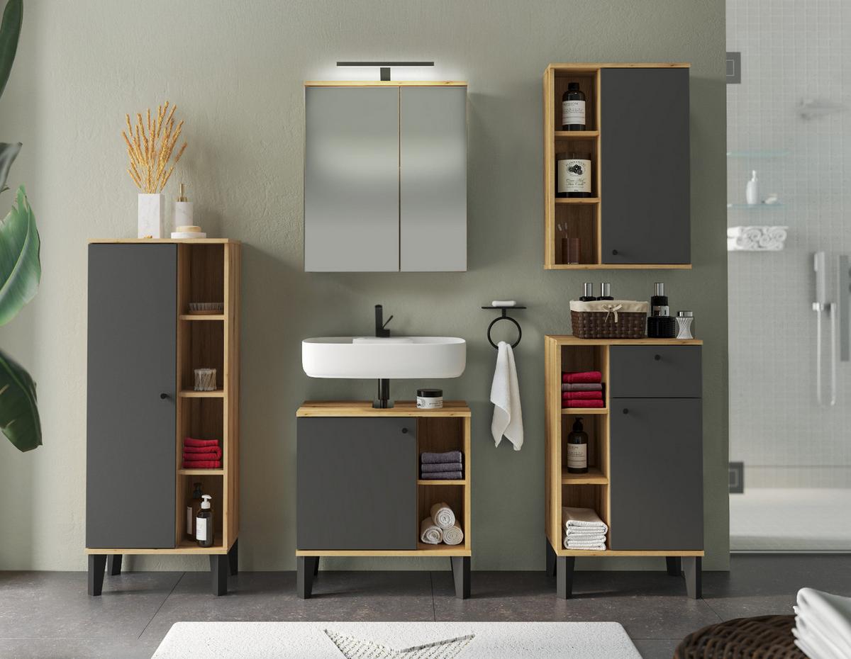BADMÖBEL-SET 5-teilig grau, Evoke Eiche, Badkombination, 182 x 190 cm - Eichefarben/Grau, Glas/Holzwerkstoff (182/190/33cm) - Furn.Design