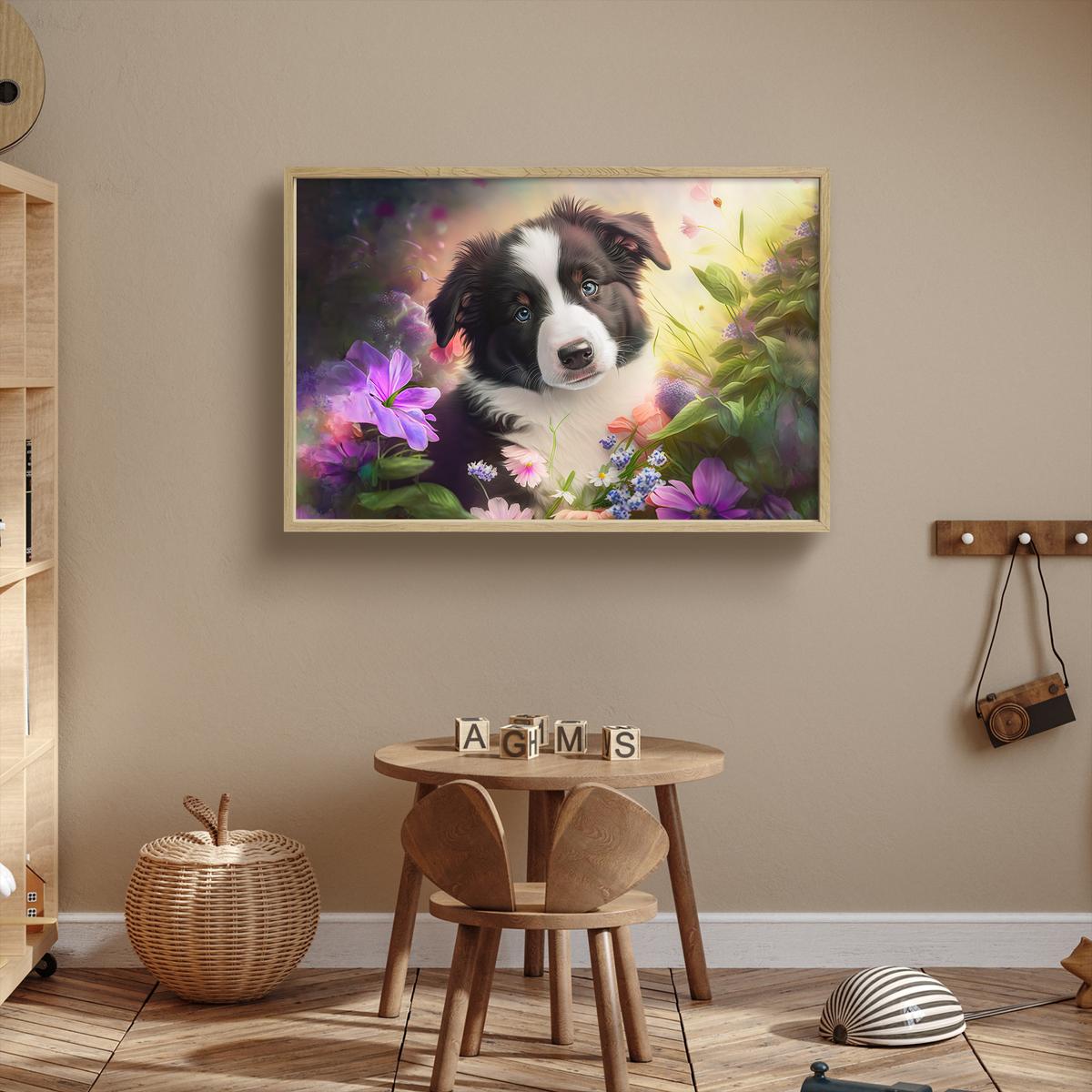 NACHTTISCHLAMPE MIT AKKU Welpe - Sonne - Blumen - Natur - Border Collie - Hund 90x60 cm - Violett, Holzwerkstoff (8/90/60cm) - OnlyWow