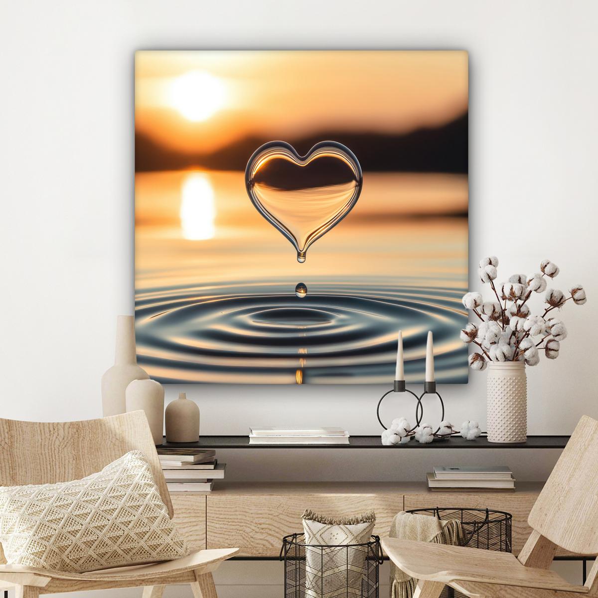 LEINWANDBILD Herz - Wasser - Sonnenuntergang - Natur - Zen Deko Groß 90x90 cm - Bernsteinfarben, Textil (90/90cm) - MuchoWow