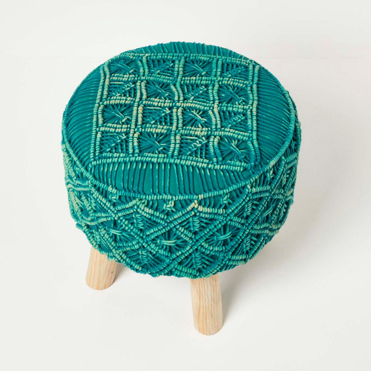 MAKRAMEE-HOCKER Willow petrolgrün, 41/41/43 cm - Grün, Textil (41/43/41cm) - Homescapes