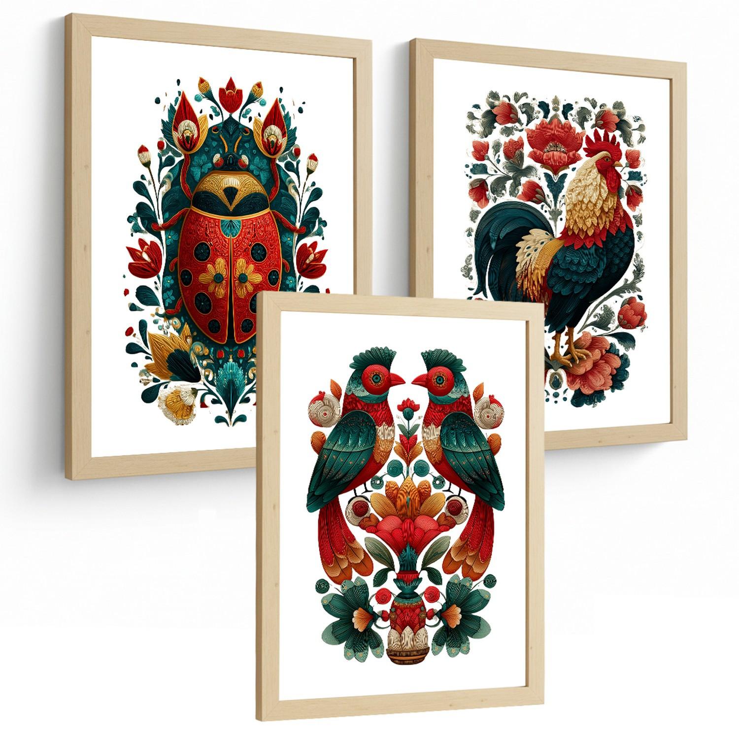 POSTER 3er-Set Kunstdrucke im Folk-Stil, dekorative Tier Blumenmotive, farbenfrohe Kunstposter für Zuhause, Badezimmer Leichter Holzrahmen A3 - Beige, Papier (42/29.7/3cm) - Nacnic