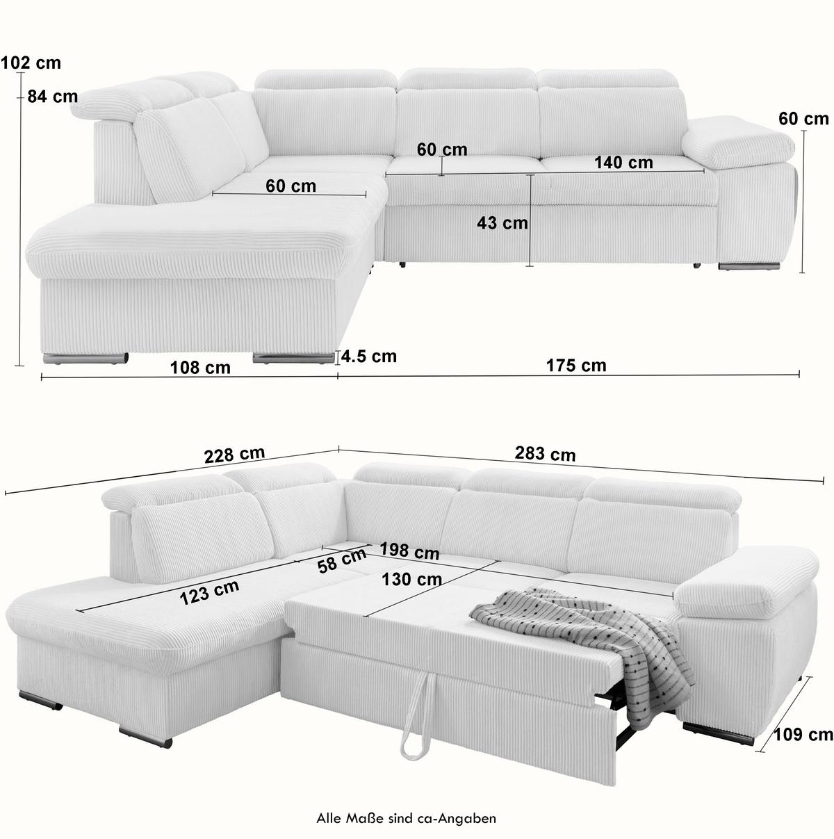 ECKSOFA mit Schlaffunktion, Bettkasten, Kopfstützen verstellbar, Wellenunterfederung, Ottomane links B283/T228/H102 cm, Cord Beige Grau / 17218 - Chromfarben/Greige, Textil/Metall (283/228cm) - luma-home