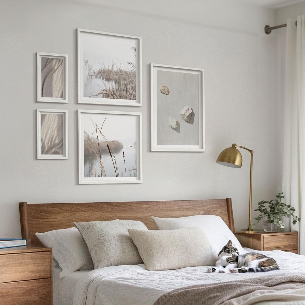 BILDER SET 5er Set - 50x50 cm & 20x30 cm & 40x60 cm Weißer Rahmen - Nahaufnahmen der Struktur im Boho-Stil - Weiß, Kunststoff (40/60cm) - TULUP