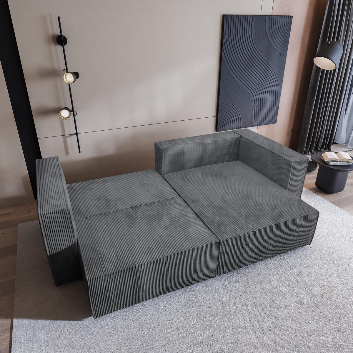 ECKSOFA NERIO P Grau Kordstoff mit Schlaffunktion - Grau, Holz/Kunststoff (245/148cm) - MASSENO
