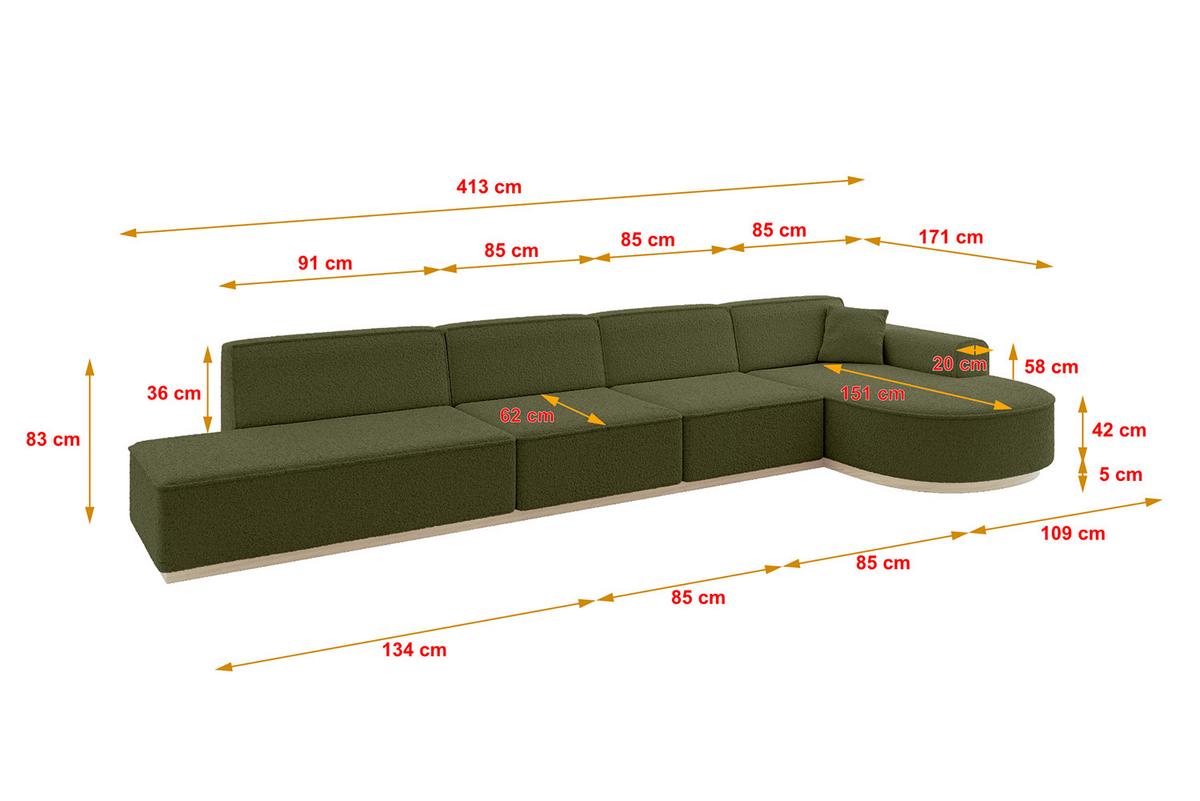 ECKSOFA Ottomane Rechts ARRIO-L3 - 413x171x83 cm Grün - Grün, Holzwerkstoff/Textil (413/171cm) - ALTDECOR