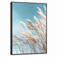 LEINWAND Bilder mit Rahmen - Ziergras - Wind - Hellbraun - 70x100 - Hellblau, Textil (70/100cm) - MuchoWow