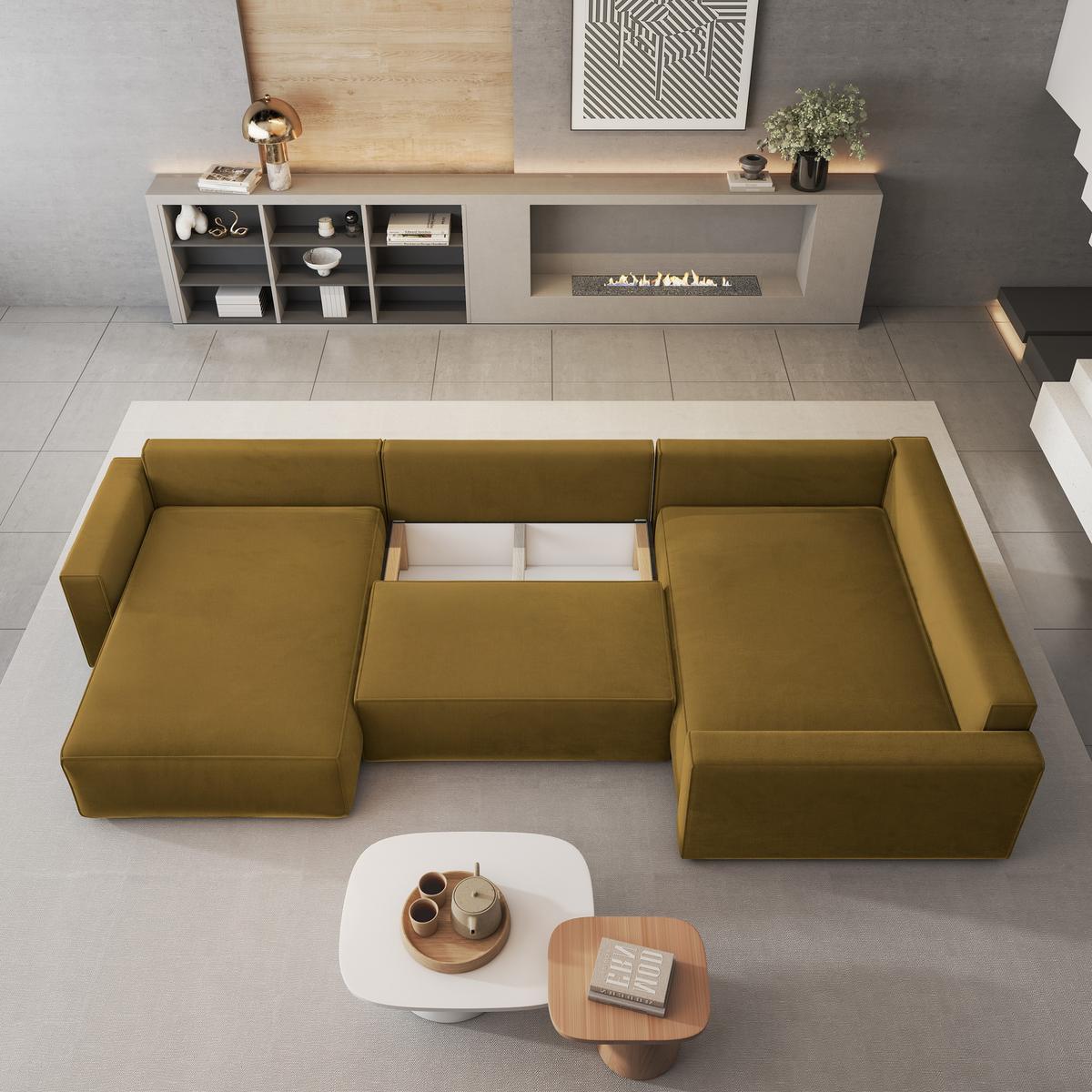 WOHNLANDSCHAFT VELAMI R-S Gelb Velours-Stoff mit Schlaffunktion - Gelb, Holz (365/83/194cm) - MASSENO