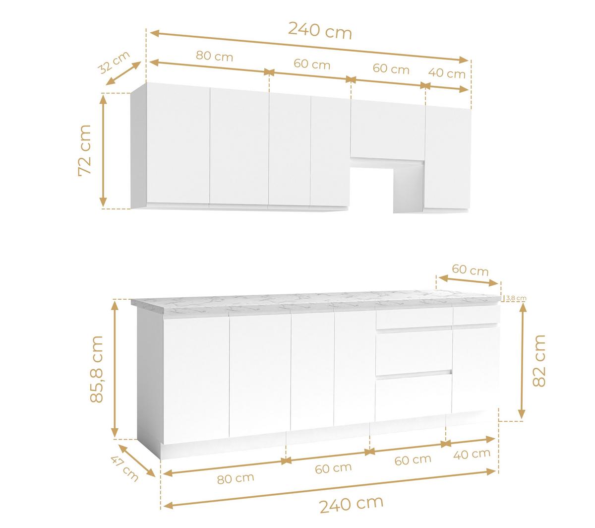 KÜCHENLEERBLOCK Aquileia 240 cm Weiß Matt mit Arbeitsplatte Marmor Bianco - Hellgrau/Weiß, Holzwerkstoff (240/157.8/60cm) - AX Living