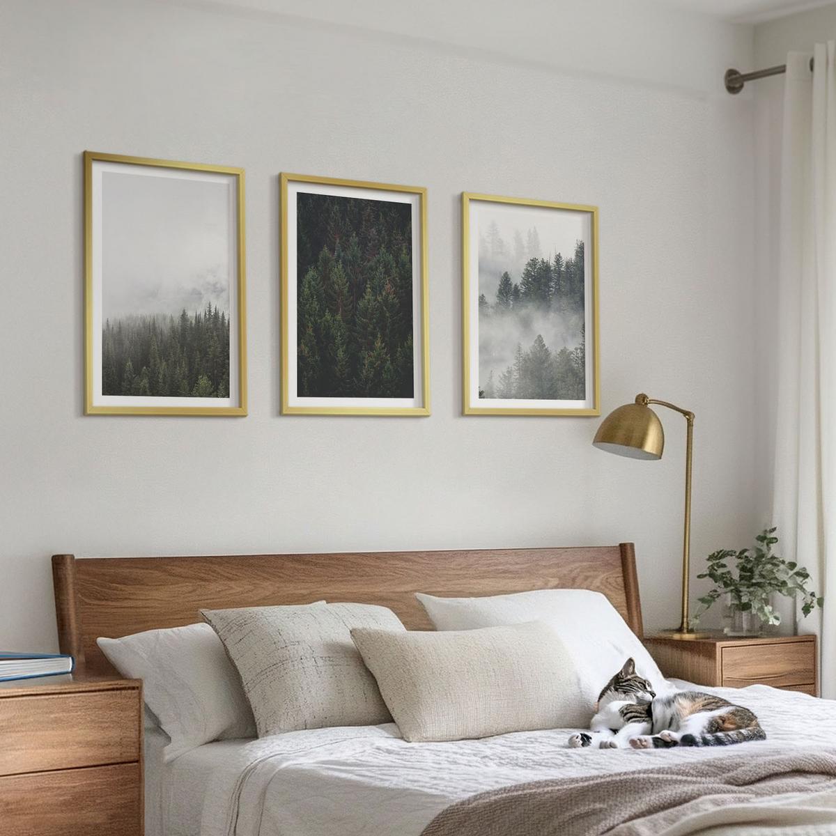 BILDER SET 3er Set - 40x60 cm Goldrahmen - Grüne Wälder Nebel Natur - Goldfarben, Kunststoff (40/60cm) - TULUP
