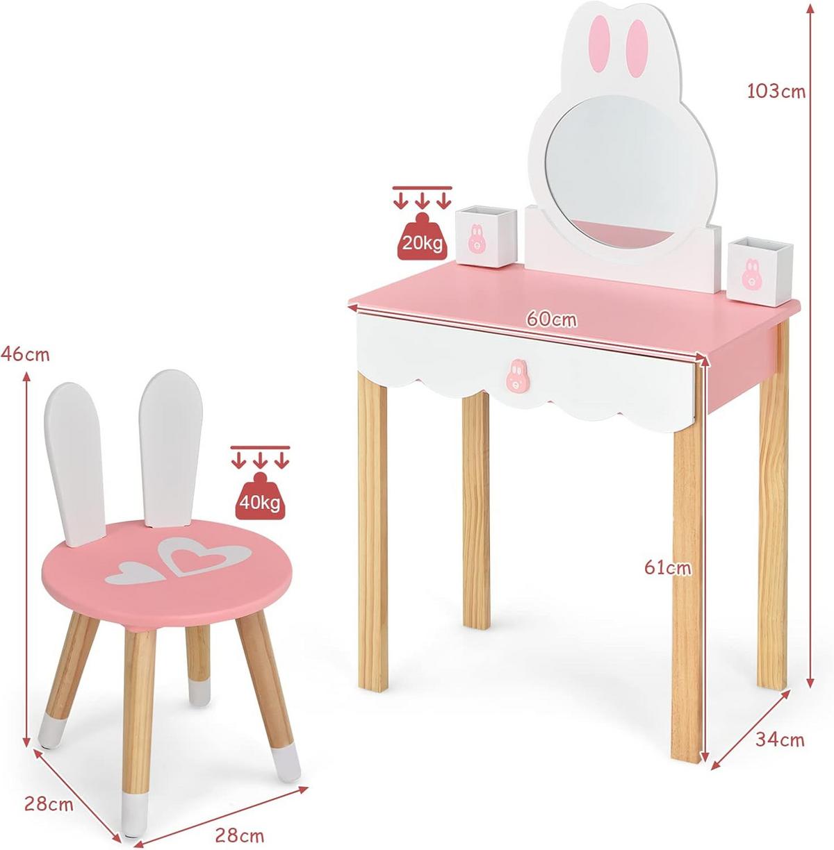 KINDER SCHMINKTISCH mit Hocker Pink - Pink, Holz (60/103/34cm) - COSTWAY