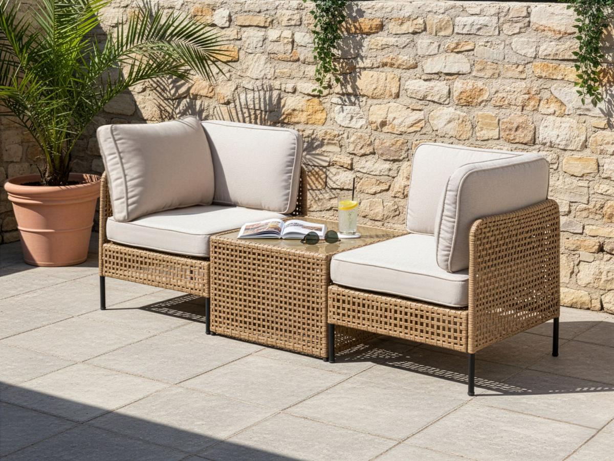 GARTENSOFA mit Tisch 2-Sitzer Polyrattan Hellbeige Omegana - Beige/Schwarz, Kunststoff (140/80/68cm) - Beliani