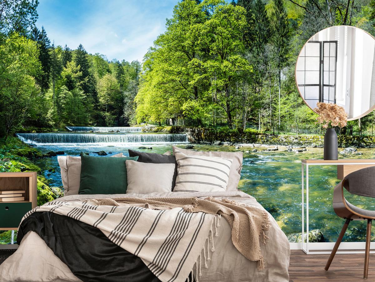 FOTOTAPETE für Wohnzimmer Landschaft Steinerne Fluss Wald Bäum 100x70 - Türkis/Blau, Papier (100/70cm) - Muralo