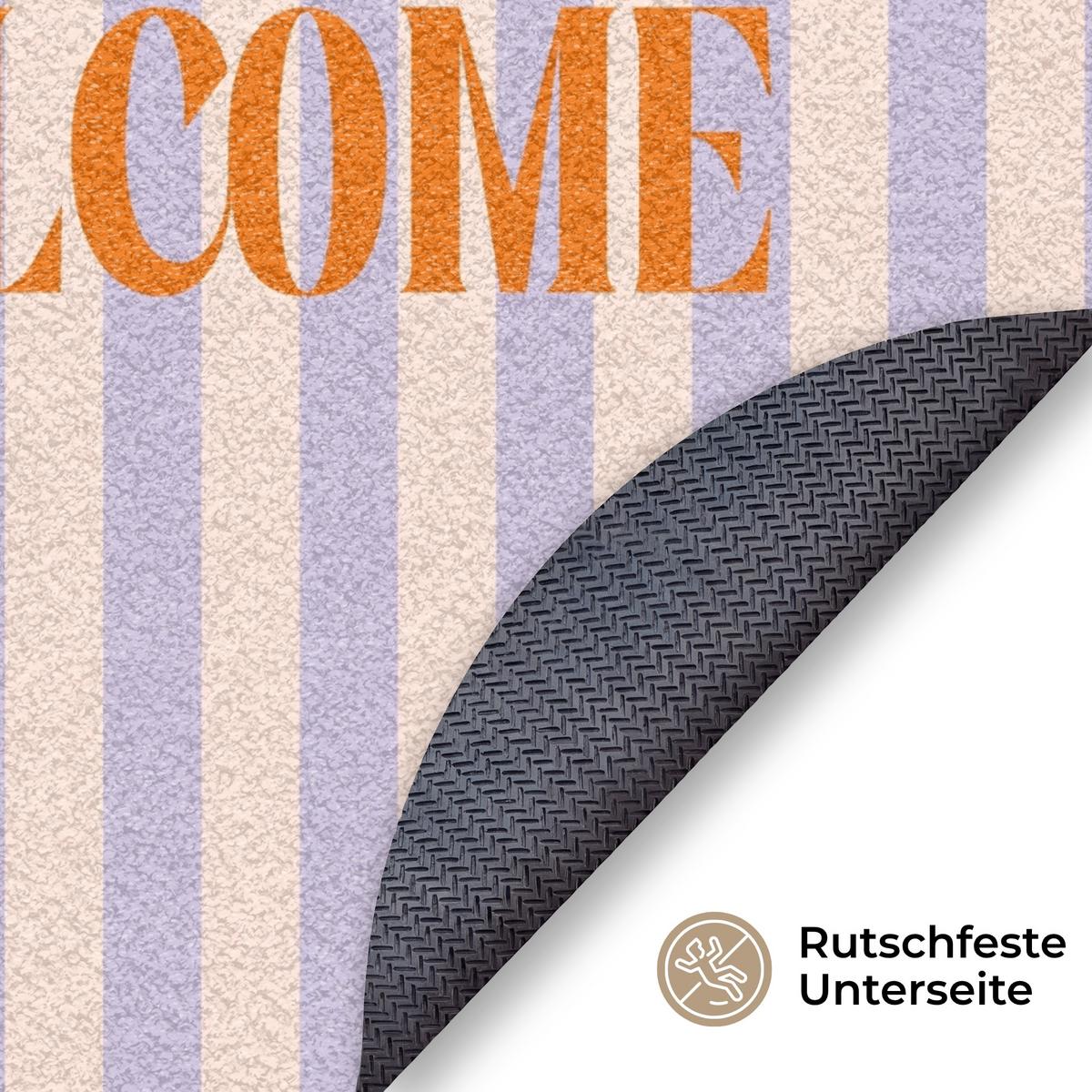 FUSSMATTE Lila – Orange – Streifen – Willkommen 120x120 cm - Flieder, Kunststoff (120/0.4cm) - MuchoWow