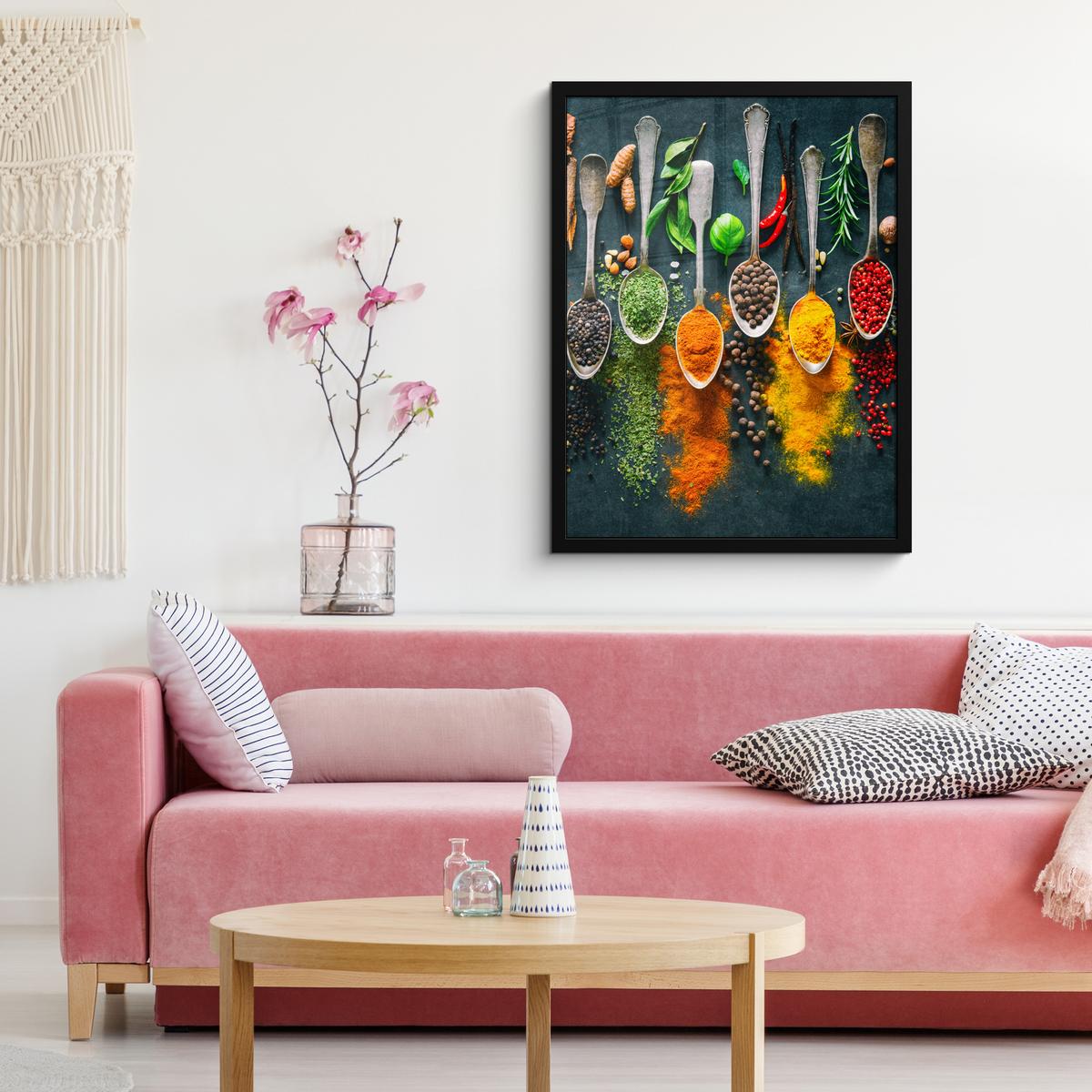 POSTER MIT RAHMENGERAHMTES BILD Kräuter - Gewürze - Löffel Posterleiste 60x80 cm - Currygelb, Papier (60/80cm) - MuchoWow