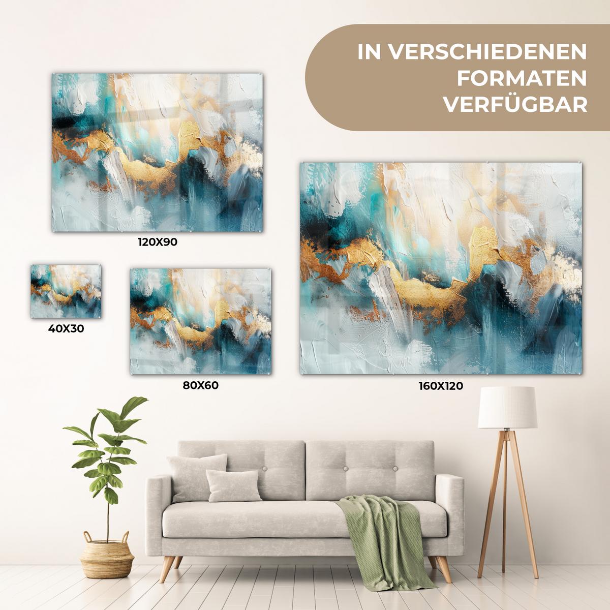 ACRYLGLASBILD Abstrakt - Kunst - Gold - Blau 80x60 cm - Petrol, Glas (80/60cm) - MuchoWow