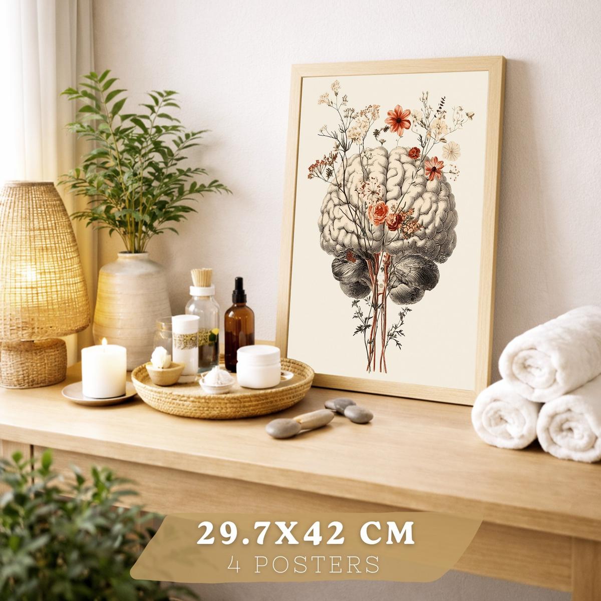 POSTER Set aus 4 Anatomie Mensch Dekorative Drucke und Wandbilder mit Blumen Ganzkörper Gehirn Hand und Herz Stil Größe Leichter Holzrahmen A4 - Beige, Papier (21/29.7/3cm) - Nacnic