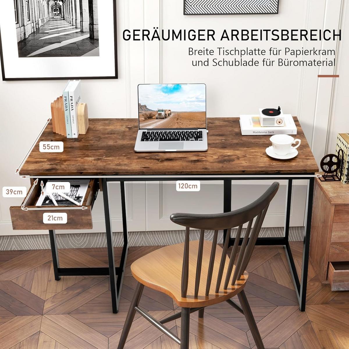 SCHREIBTISCH 75cm Vintage Eiche Dekor - Braun, Holz (55/120/75cm) - COSTWAY