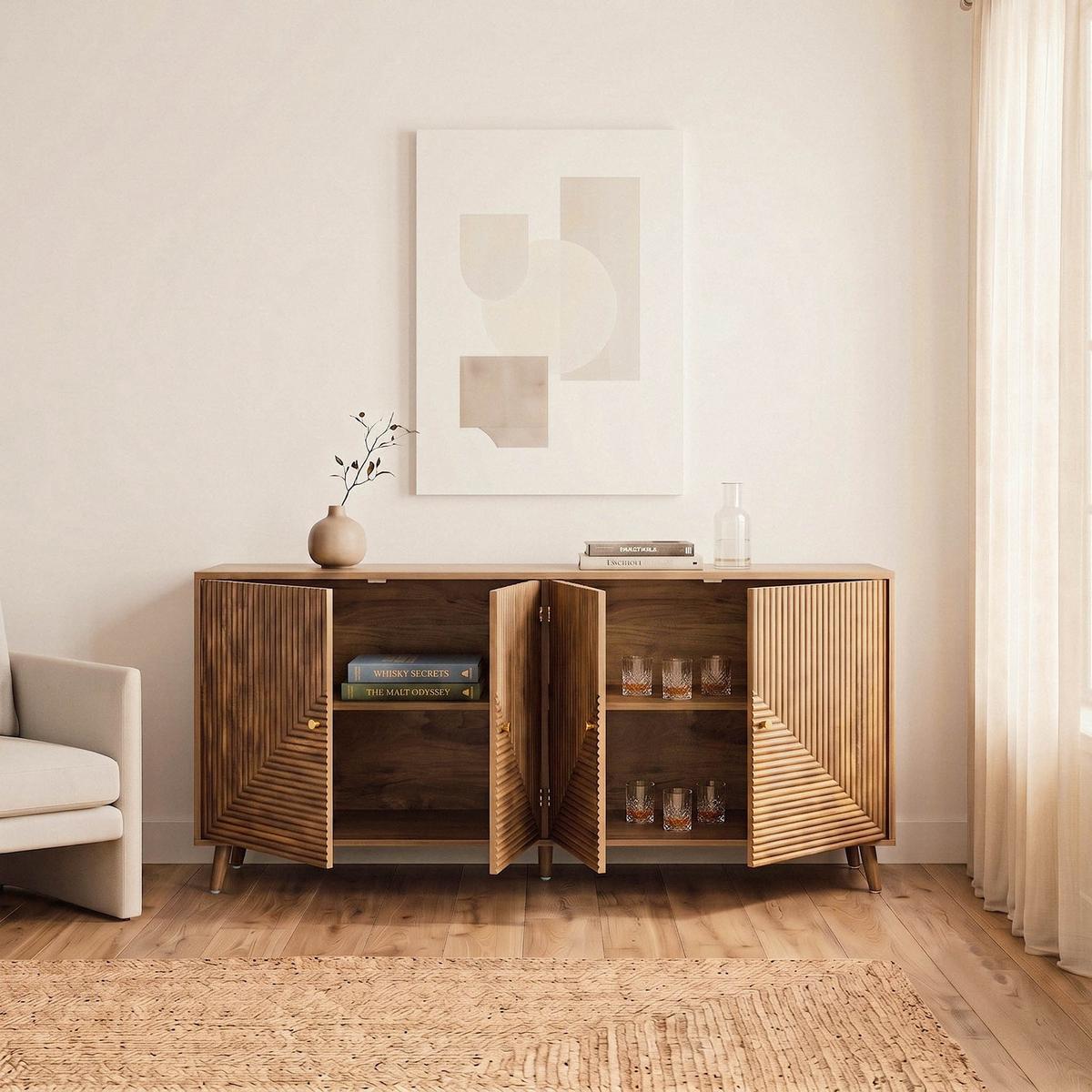 BUFFET mit 4 Türen, laminierten Fronten 39/75/156,5 cm - Eschefarben, Holzwerkstoff (39/75/45cm) - Calicosy