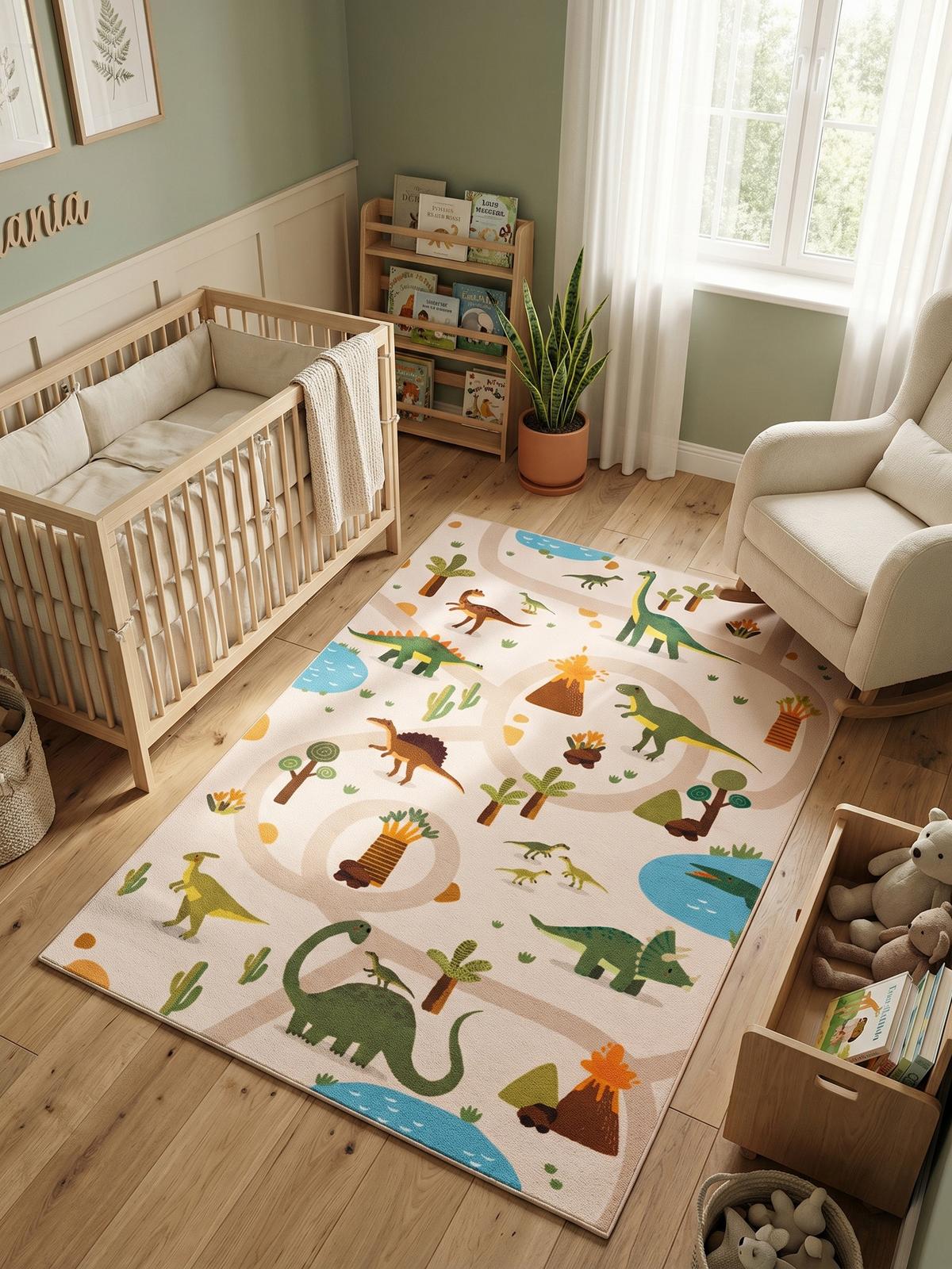 SPIELTEPPICH Waschbar TINO in Beige, mit Dino-Landschaft, 140 x 200 cm - Beige, Textil (200/140cm) - KADIMA DESIGN