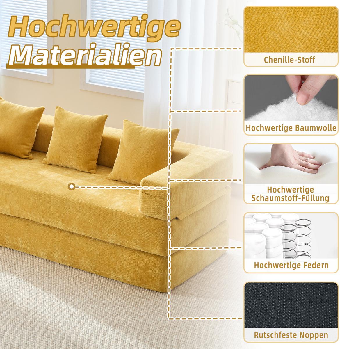 SCHLAFSOFA Modulares Chenille Block-Sofa DIY Kombinierbar mit Seitentaschen & Rutschfest - Dunkelgelb, Textil (198/60/79cm) - Urban Meuble