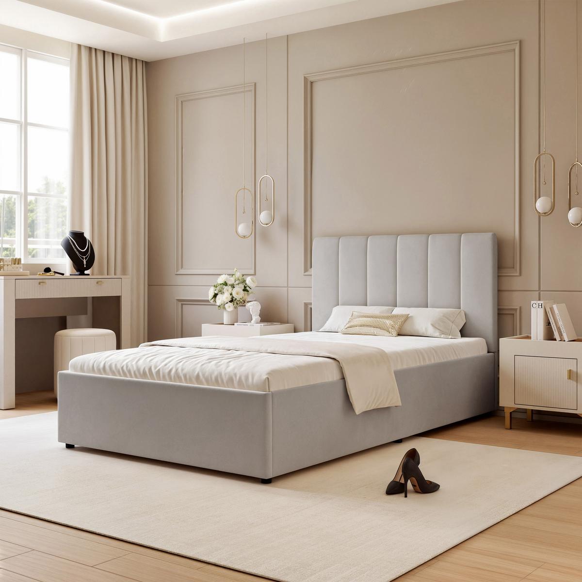 POLSTERBETT AVENA 160/200 cm Bettkasten, Hellgrau - Hellgrau/Schwarz, Holzwerkstoff/Textil (160/200cm) - Idohome