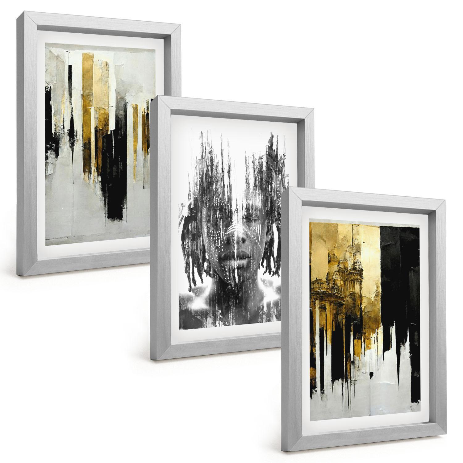 BILDER SET 3er Set - 20x30 cm Silberner Rahmen - Kontrastierende abstrakte Porträts - Silberfarben, Kunststoff (20/30cm) - TULUP