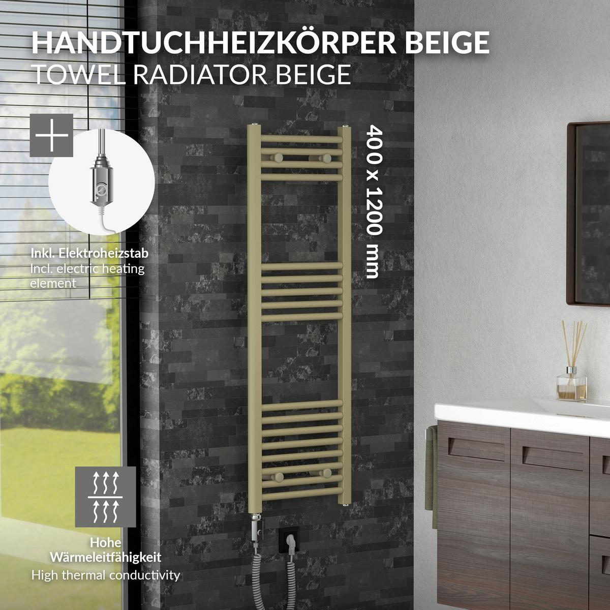 HANDTUCHHEIZKÖRPER elektrisch 400 x 1200 mm Beige Badheizkörper gerade mit Seitenanschluss mit Heizstab 600W - Beige, Metall (30/120/3cm) - LuxeBath