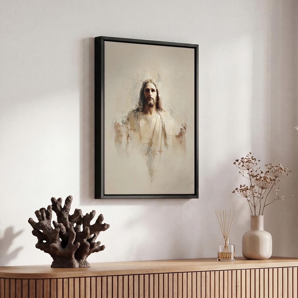 LEINWAND Bilder mit Rahmen - Porträt - Abstrakt - Jesus - Beige - 20x30 - Beige, Textil (20/30cm) - MuchoWow