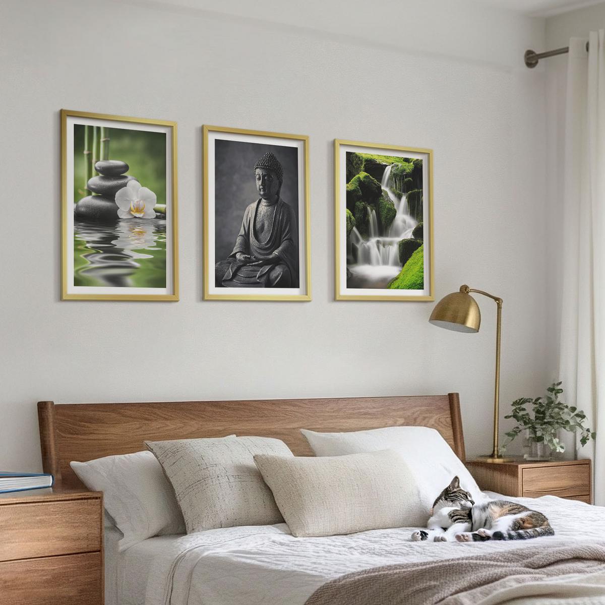 BILDER SET 3er Set - 40x60 cm Goldrahmen - Entspannende Zen-Wassermalerei - Goldfarben, Kunststoff (40/60cm) - TULUP