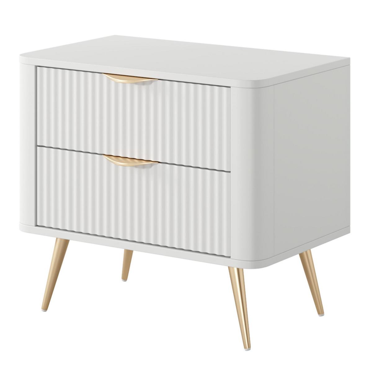 NACHTTISCH Vespasia 2S Beige 63,2/55,3/38 cm – Geriffelte Fronten - Goldfarben/Weiß, Holzwerkstoff/Metall (63.2/55.3/38cm) - AX Living